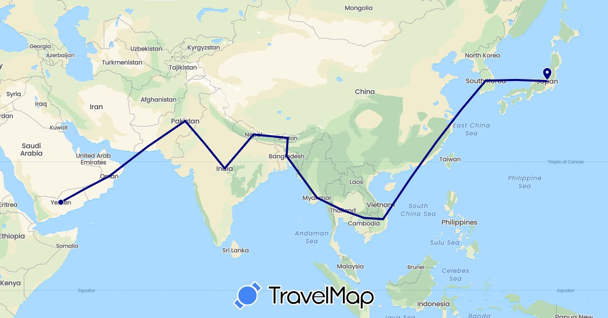 TravelMap itinerary: driving in Bangladesh, Bhutan, India, Japan, Cambodia, South Korea, Myanmar (Burma), Nepal, Oman, Pakistan, Thailand, Vietnam, Yemen (Asia)